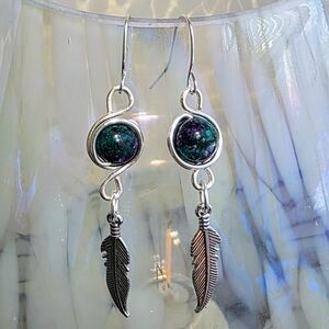Moss Agate and Silver Feather Drop Earrings